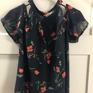 Open shoulder blue floral top